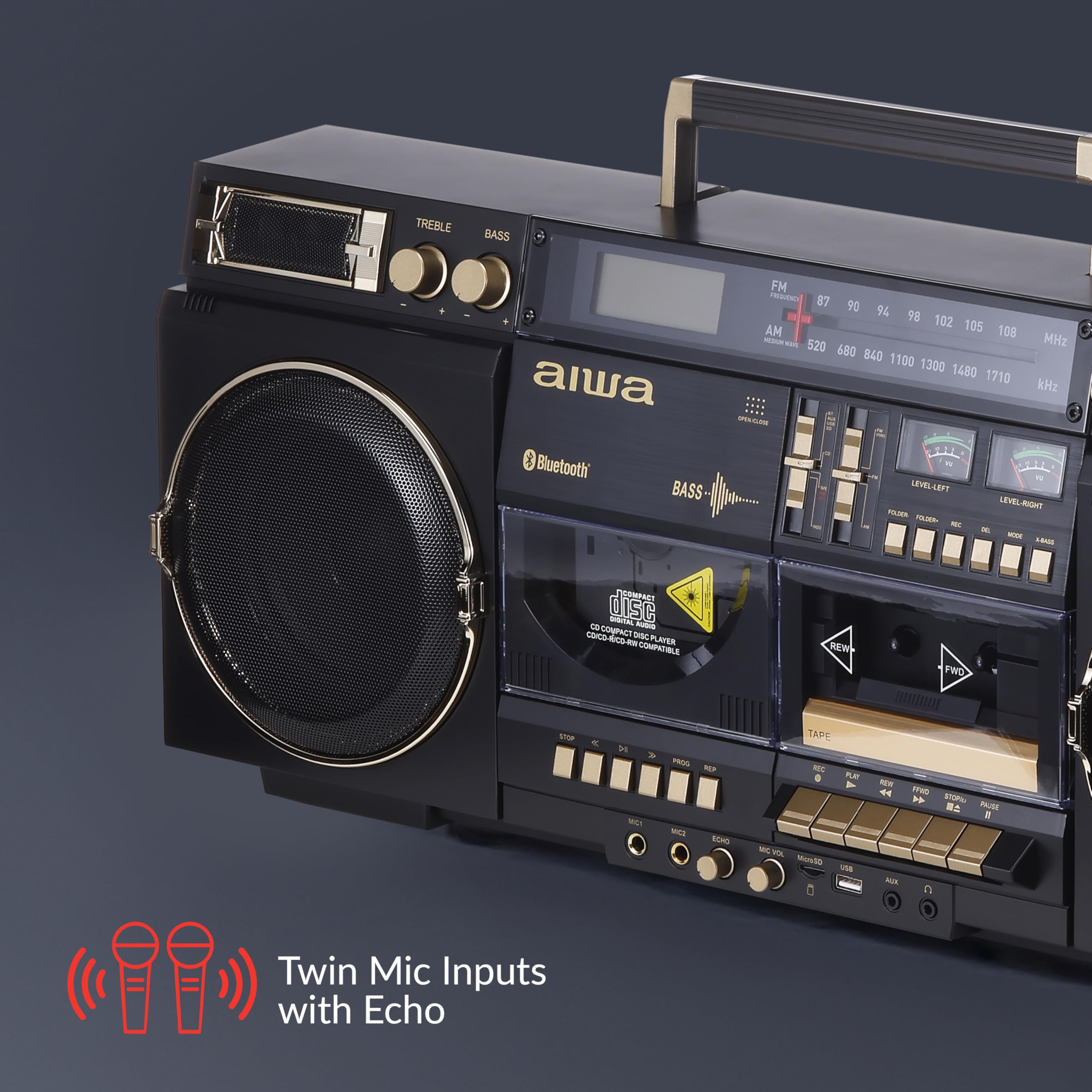 aiwa Retro Boombox CD Player with Cassette Recording, Bluetooth